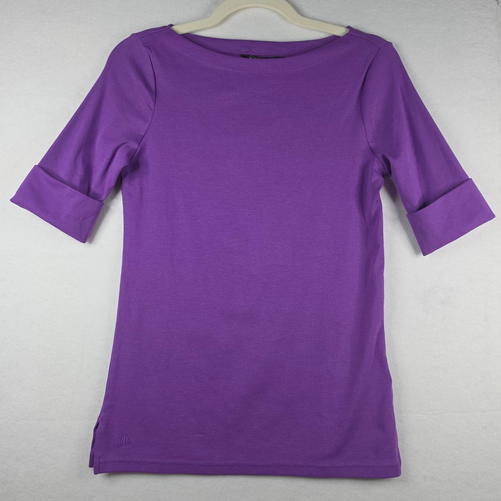 Lauren Ralph Lauren Stretch Cotton Boatneck Tee Size S Purple Cuffed Sleeve‎